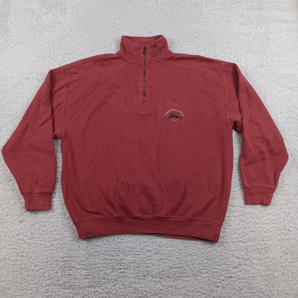Tommy Bahama Pullover Relax Mens L Red Quarter Zip Ribbed Cotton Sweatshirt
